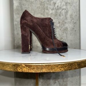 Chanel Brown Suede Leather Platform Lace Up Block Heeled Oxford Boot